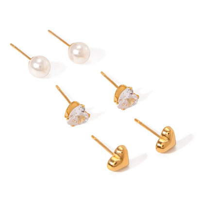 3 Pairs IG Style Simple Style Heart Shape Inlay 304 Stainless Steel Pearl Zircon 18K Gold Plated Ear Studs