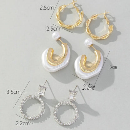 3 Pairs Korean Style C Shape Circle Twist Inlay Imitation Pearl Alloy Rhinestones Earrings