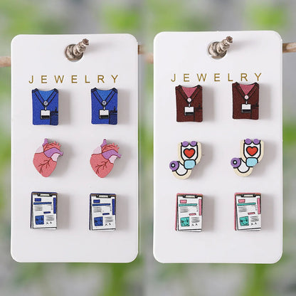 3 Pairs Retro Cartoon Heart Shape Wood Ear Studs