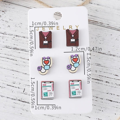 3 Pairs Retro Cartoon Heart Shape Wood Ear Studs