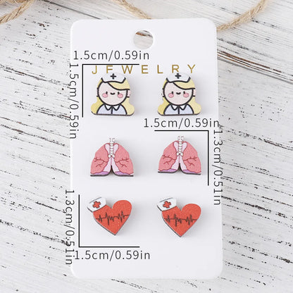 3 Pairs Retro Cartoon Heart Shape Wood Ear Studs