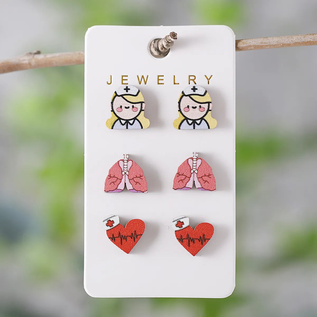 3 Pairs Retro Cartoon Heart Shape Wood Ear Studs