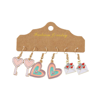 3 Pairs Retro Heart Shape Key Wood Drop Earrings