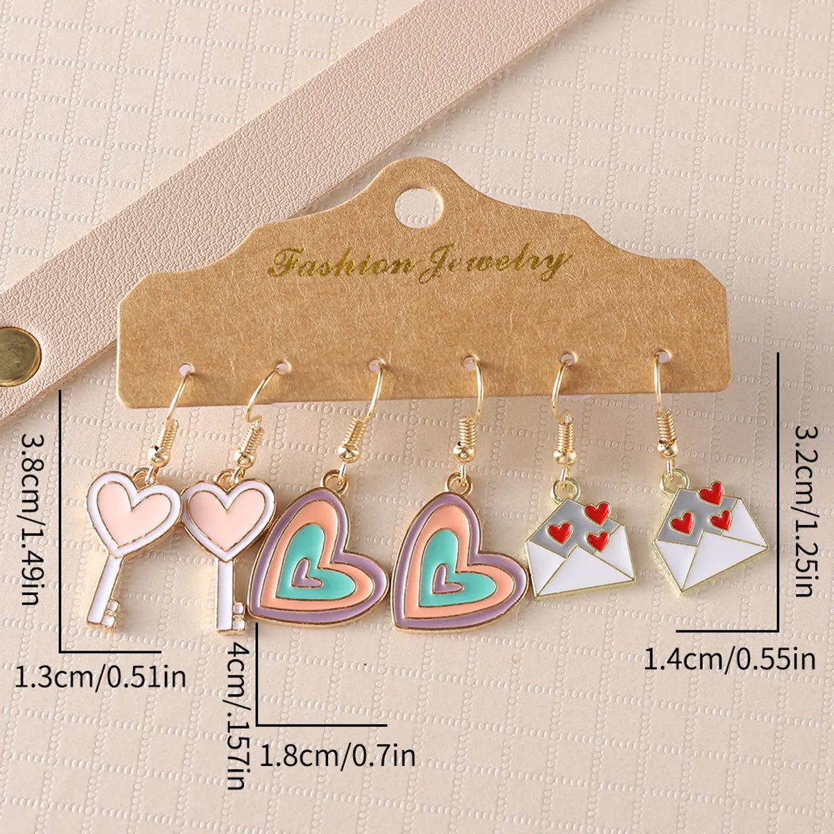 3 Pairs Retro Heart Shape Key Wood Drop Earrings