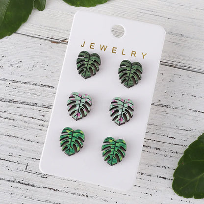 3 Pairs Retro Monstera Deliciosa [With Envelope And Opp Bag]] Wood Ear Studs