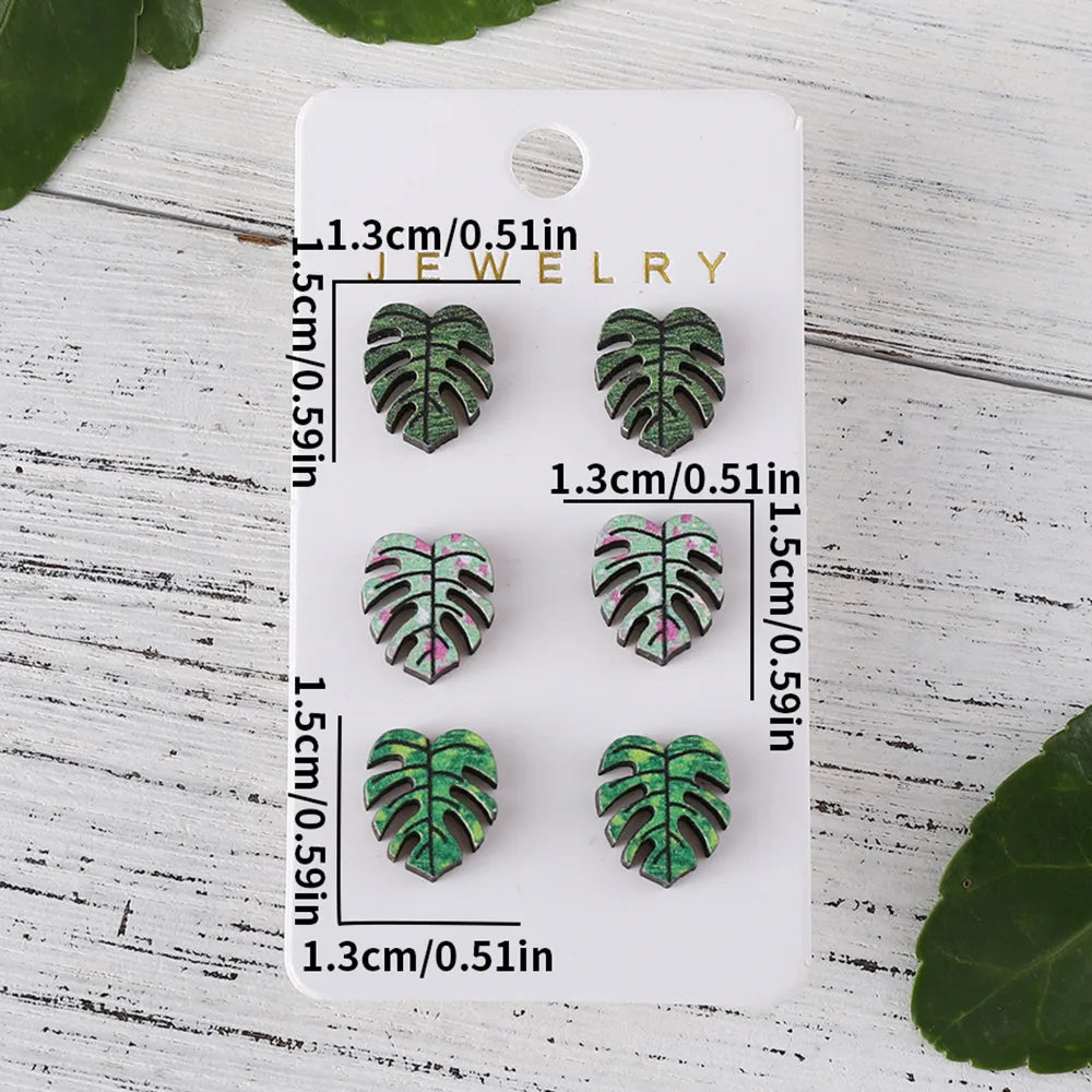 3 Pairs Retro Monstera Deliciosa [With Envelope And Opp Bag]] Wood Ear Studs