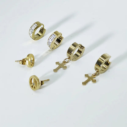 3 Pairs Retro Simple Style Cross Plating Inlay Titanium Steel Rhinestones 18k Gold Plated Earrings