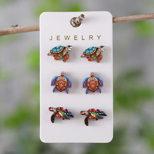 3 Pairs Retro Tortoise Wood Ear Studs