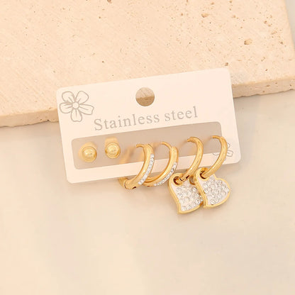 3 Pairs Simple Style Classic Style Heart Shape Butterfly Plating Inlay 304 Stainless Steel Zircon 18K Gold Plated Drop Earrings