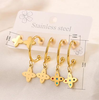 3 Pairs Simple Style  Heart Shape Flower Enamel 304 Stainless Steel 18K Gold Plated Drop Earrings Ear Studs