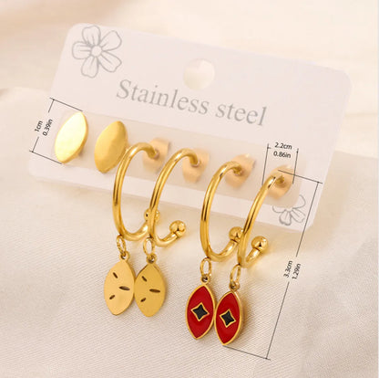 3 Pairs Simple Style  Heart Shape Flower Enamel 304 Stainless Steel 18K Gold Plated Drop Earrings Ear Studs