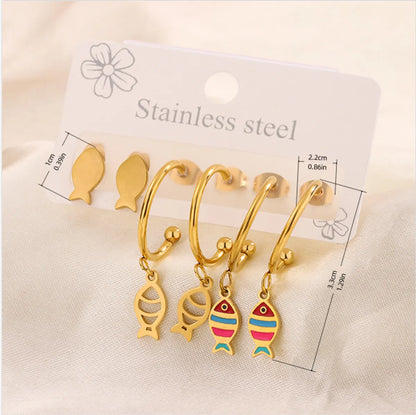 3 Pairs Simple Style  Heart Shape Flower Enamel 304 Stainless Steel 18K Gold Plated Drop Earrings Ear Studs