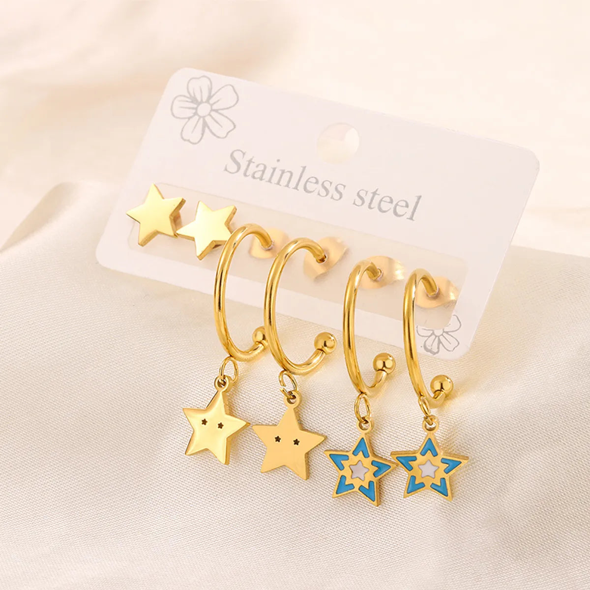 3 Pairs Simple Style  Heart Shape Flower Enamel 304 Stainless Steel 18K Gold Plated Drop Earrings Ear Studs