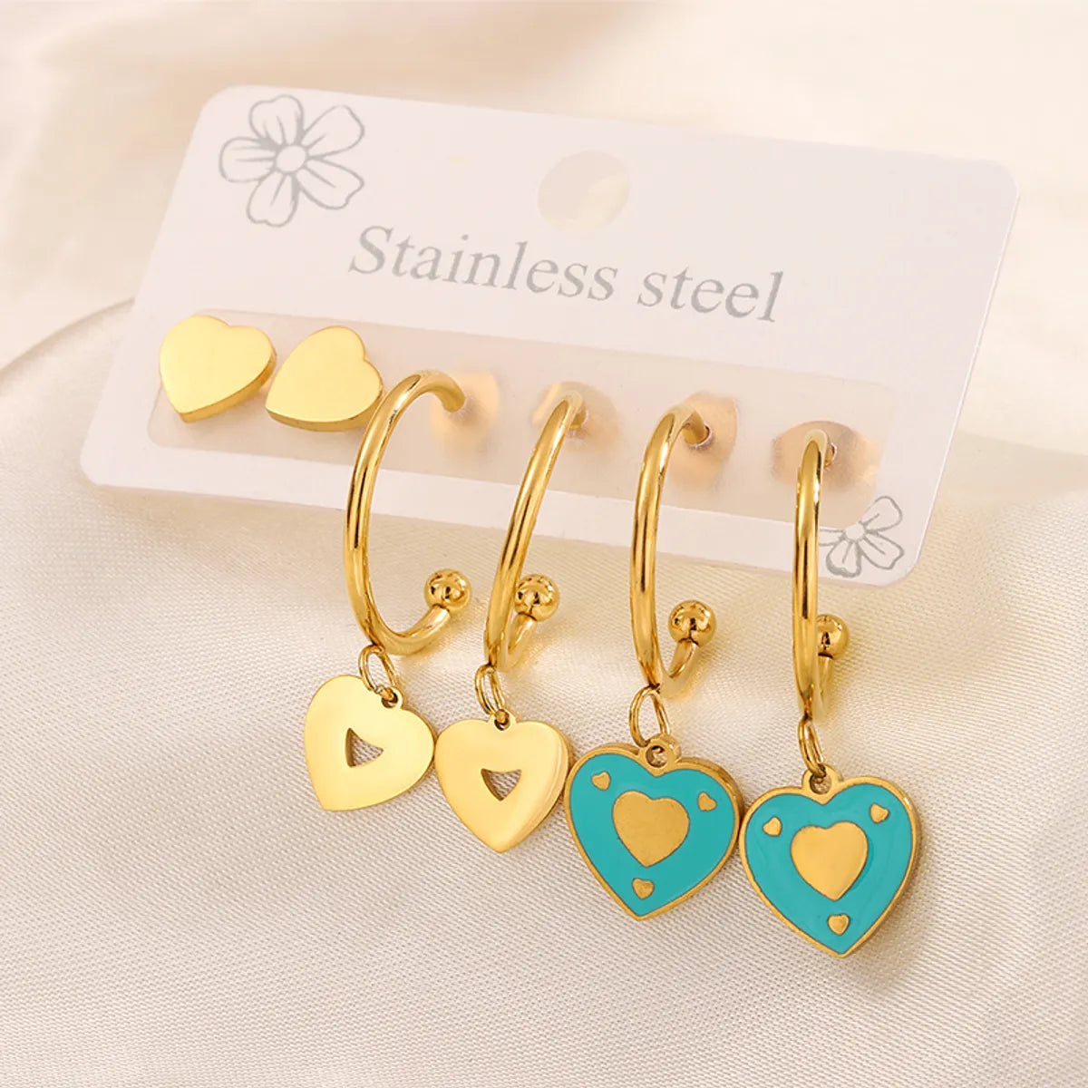 3 Pairs Simple Style  Heart Shape Flower Enamel 304 Stainless Steel 18K Gold Plated Drop Earrings Ear Studs