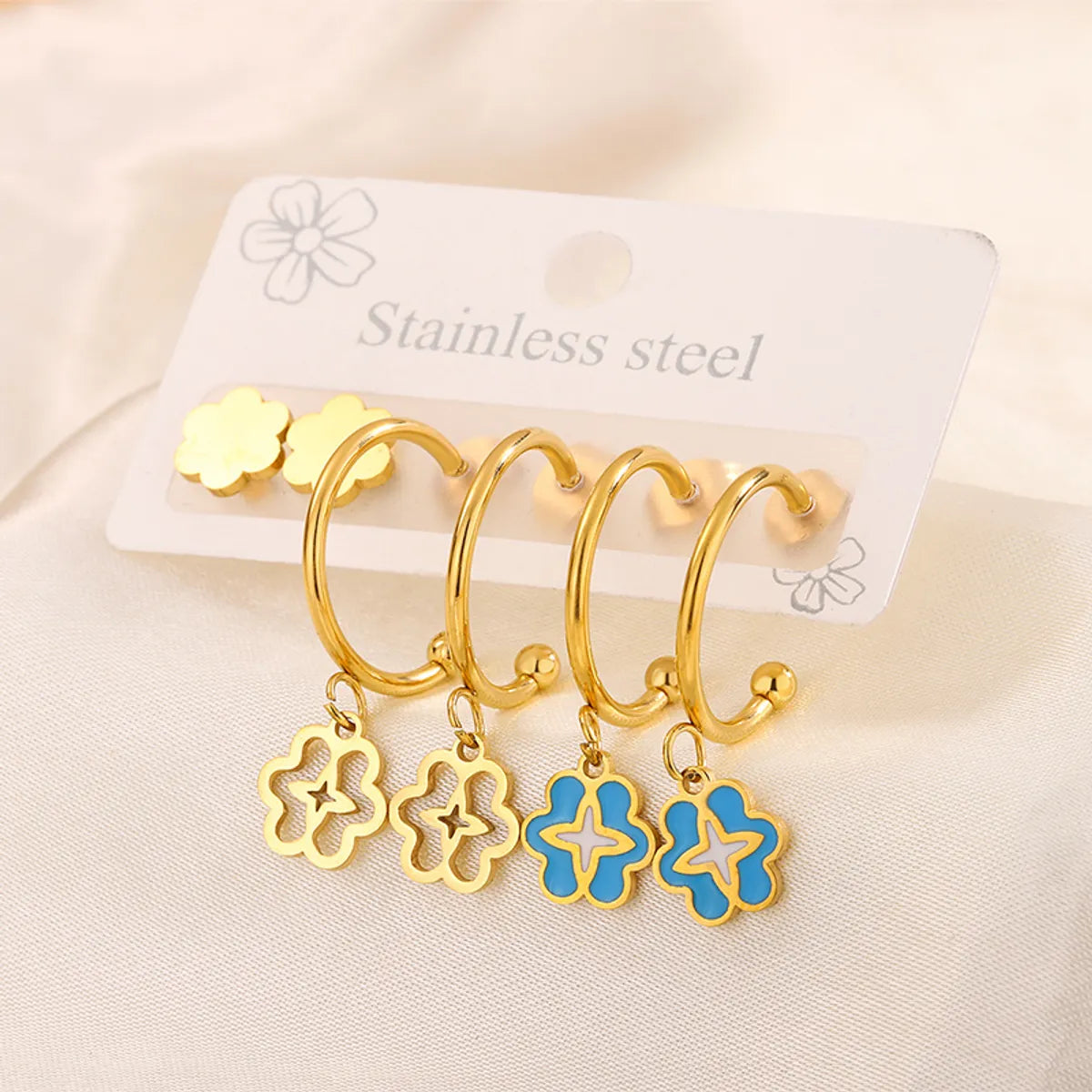 3 Pairs Simple Style  Heart Shape Flower Enamel 304 Stainless Steel 18K Gold Plated Drop Earrings Ear Studs