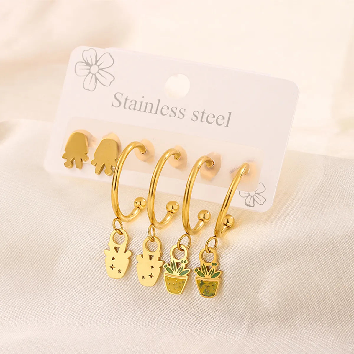 3 Pairs Simple Style  Heart Shape Flower Enamel 304 Stainless Steel 18K Gold Plated Drop Earrings Ear Studs