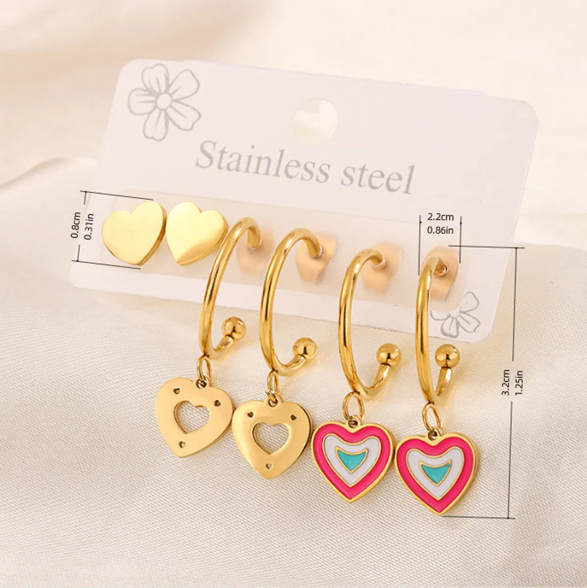 3 Pairs Simple Style  Heart Shape Flower Enamel 304 Stainless Steel 18K Gold Plated Drop Earrings Ear Studs