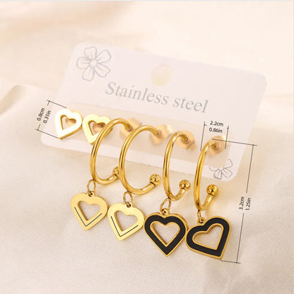 3 Pairs Simple Style  Heart Shape Flower Enamel 304 Stainless Steel 18K Gold Plated Drop Earrings Ear Studs