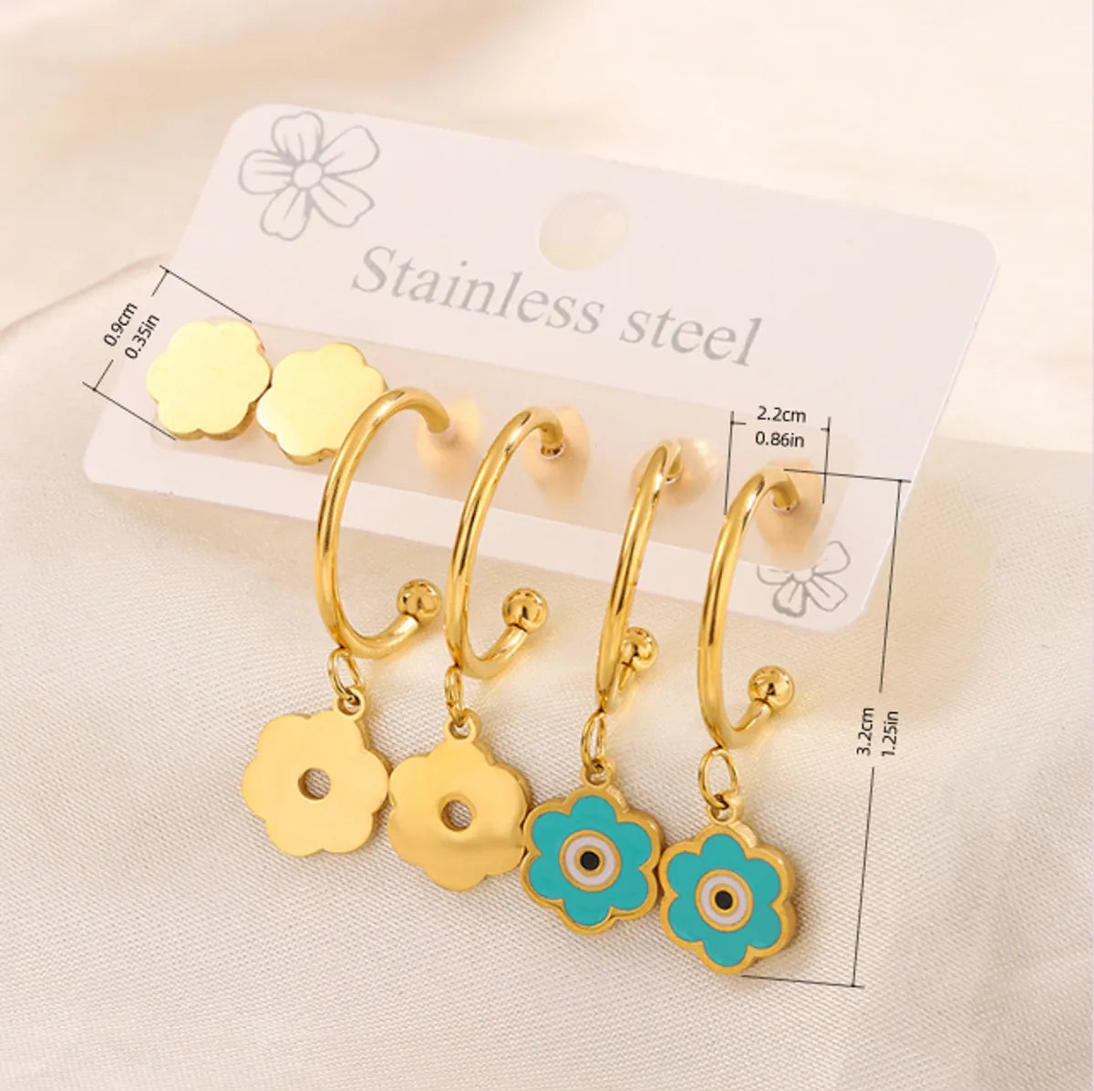 3 Pairs Simple Style  Heart Shape Flower Enamel 304 Stainless Steel 18K Gold Plated Drop Earrings Ear Studs