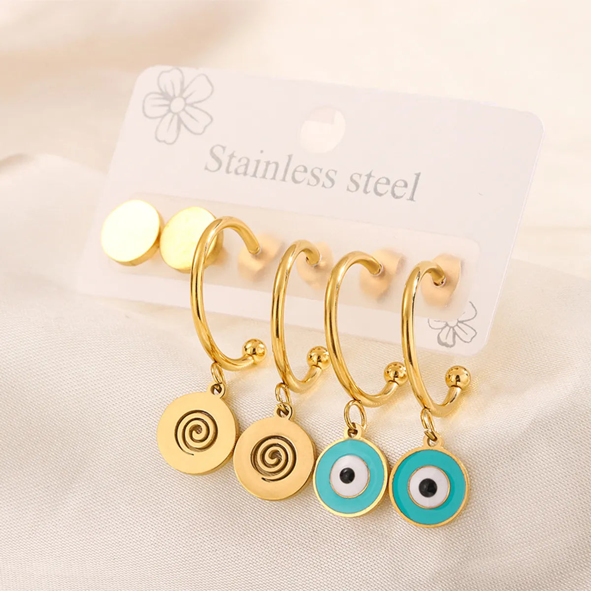 3 Pairs Simple Style  Heart Shape Flower Enamel 304 Stainless Steel 18K Gold Plated Drop Earrings Ear Studs