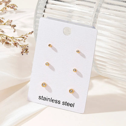 3 Pairs Simple Style Solid Color Inlay Stainless Steel Rhinestones Ear Studs