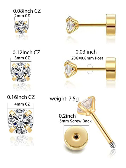 3 Pairs Simple Style Solid Color Plating Inlay Stainless Steel Zircon 14k Gold Plated Ear Studs