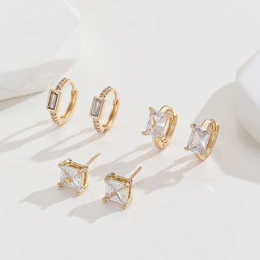 3 Pairs Simple Style Square Plating Inlay Copper Zircon Gold Plated Ear Studs