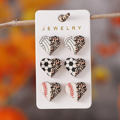 3 Pairs Vintage Style Heart Shape Wood Ear Studs