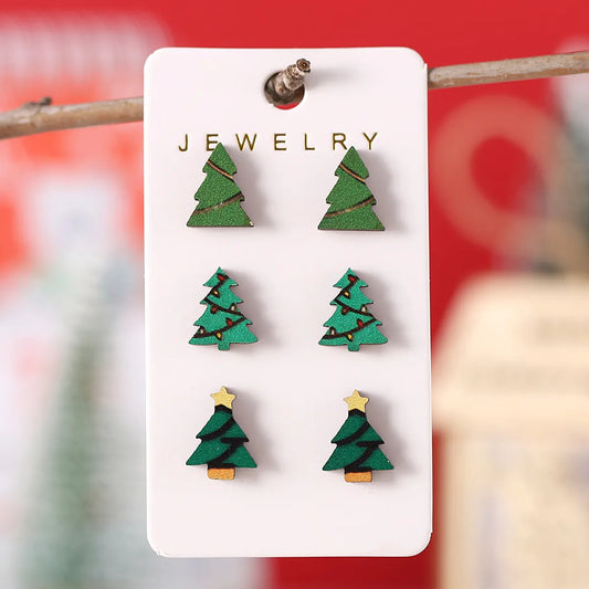 3 Pairs Vintage Style Streetwear Christmas Tree Wood Ear Studs