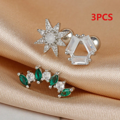 3 Pieces Elegant Lady Floral Irregular Plating 304 Stainless Steel Zircon Ear Studs