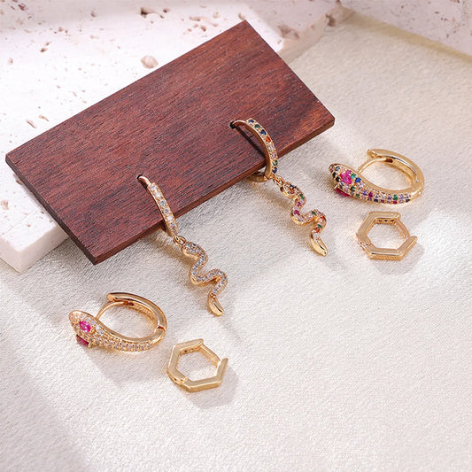 3 Pieces Exaggerated Punk Snake Plating Inlay Stainless Steel Zircon 18k Gold Plated Earrings