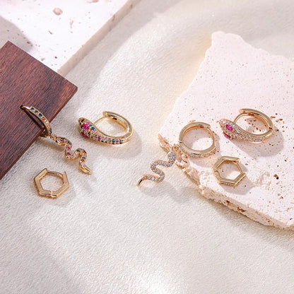 3 Pieces Exaggerated Punk Snake Plating Inlay Stainless Steel Zircon 18k Gold Plated Earrings