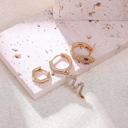 3 Pieces Exaggerated Punk Snake Plating Inlay Stainless Steel Zircon 18k Gold Plated Earrings