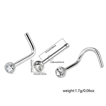 3 Pieces Nose Rings & Studs Simple Style Classic Style Solid Color Stainless Steel Inlay Zircon Nose Rings & Studs