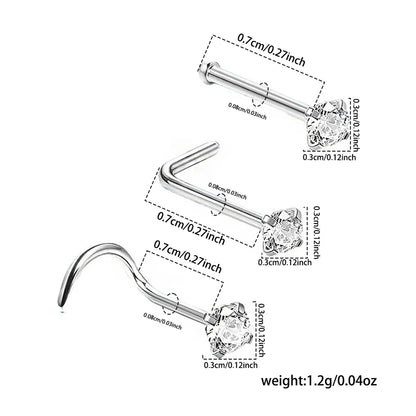 3 Pieces Nose Rings & Studs Simple Style Classic Style Solid Color Stainless Steel Inlay Zircon Nose Rings & Studs