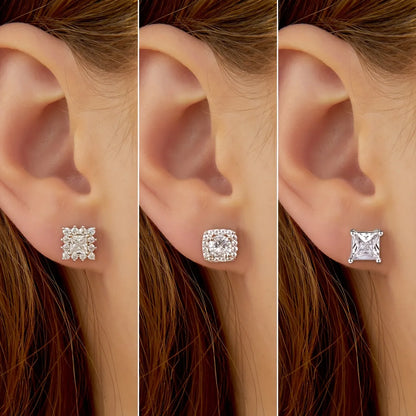 3 Pieces Set Classic Style Square Inlay Copper Zircon Gold Plated Ear Studs