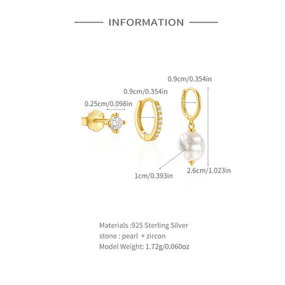 3 Pieces Set IG Style Simple Style Geometric Pearl Plating Inlay Sterling Silver Zircon Earrings