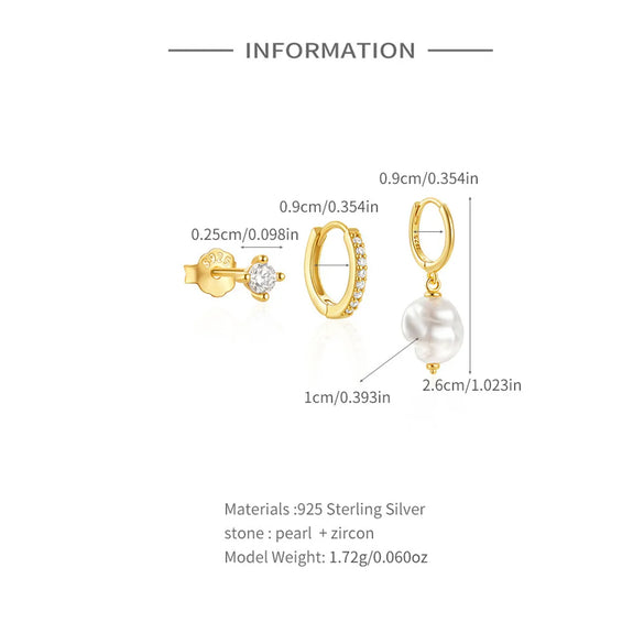 3 Pieces Set IG Style Simple Style Geometric Pearl Plating Inlay Sterling Silver Zircon Earrings