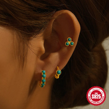 3 Pieces Set Simple Style Geometric Plating Inlay Sterling Silver Turquoise Zircon Earrings