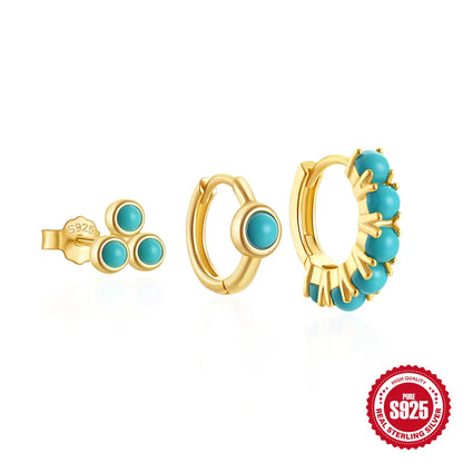 3 Pieces Set Simple Style Geometric Plating Inlay Sterling Silver Turquoise Zircon Earrings