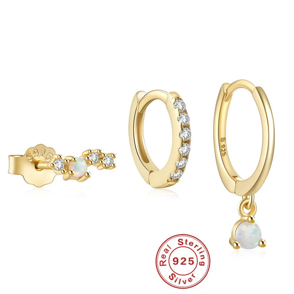 3 Pieces Set Sterling Silver Opal Zircon Geometric Earrings