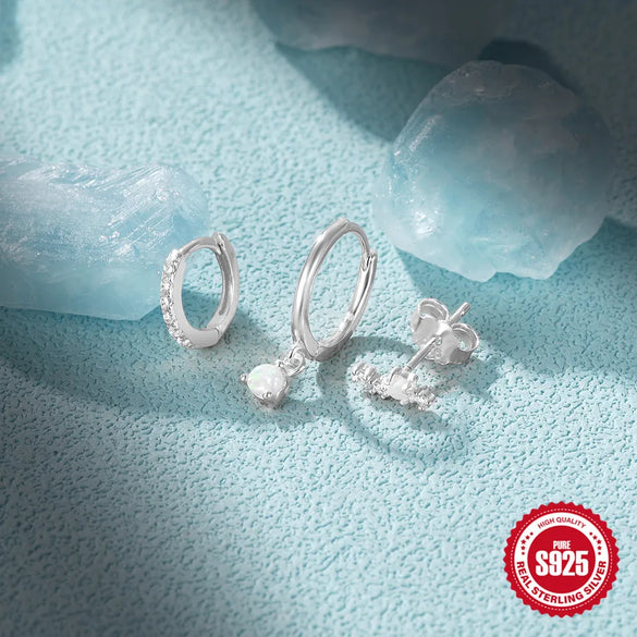 3 Pieces Set Sterling Silver Opal Zircon Geometric Earrings