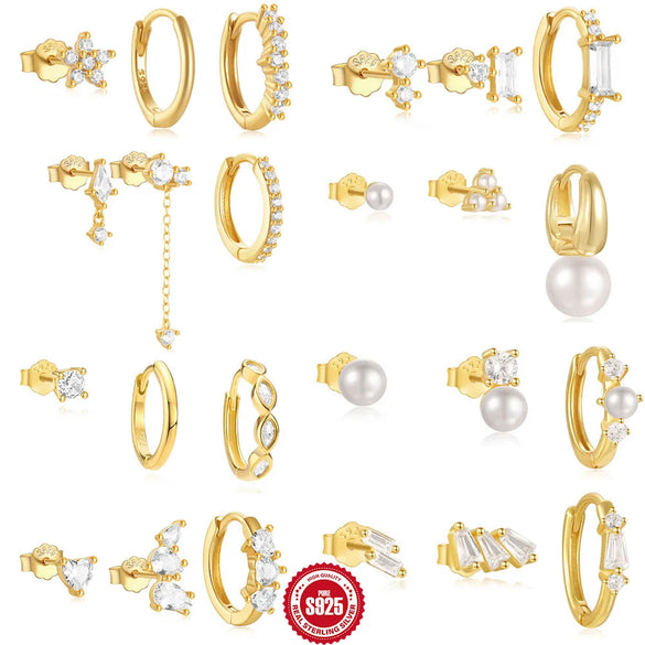 3 Pieces Set Sterling Silver Pearl Zircon Geometric Earrings