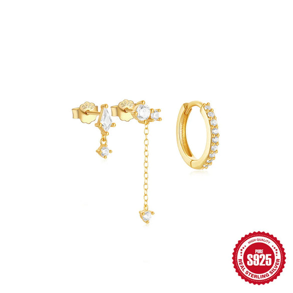 3 Pieces Set Sterling Silver Pearl Zircon Geometric Earrings