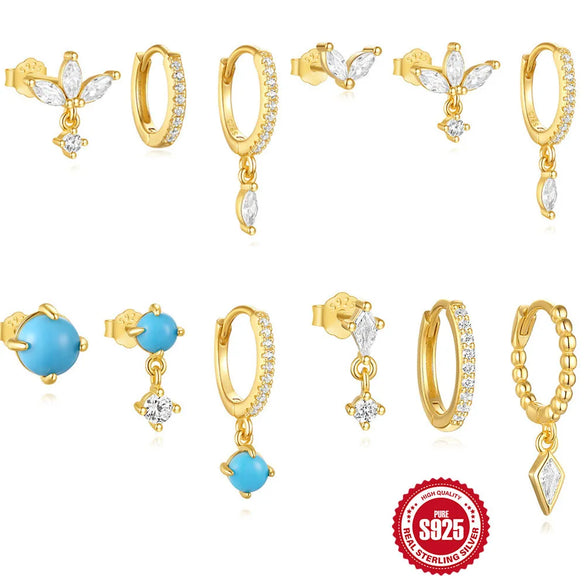 3 Pieces Set Sterling Silver Turquoise Zircon Geometric Earrings