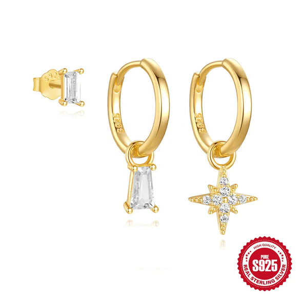 3 Pieces Set Sterling Silver Zircon Geometric Earrings Ear Studs