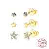 3 Pieces Set Sterling Silver Zircon Round Star Flower Ear Studs