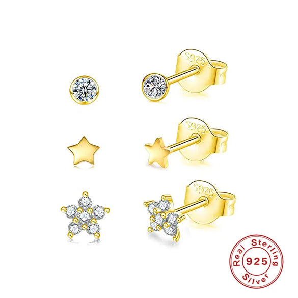 3 Pieces Set Sterling Silver Zircon Round Star Flower Ear Studs