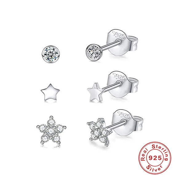 3 Pieces Set Sterling Silver Zircon Round Star Flower Ear Studs