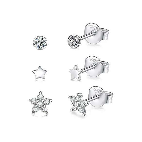 3 Pieces Set Sterling Silver Zircon Round Star Flower Ear Studs